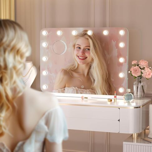 ouboyo Hollywood Vanity Mirror, 28" x 20" Lighted Tabletop or Wall Mount Make Up Mirrors,14 Replaceable LED Bulbs, 3 Dimmable Light Modes Vanity Mirror, Smart Touch Control, USB Type-C Charging Port in Kuwait