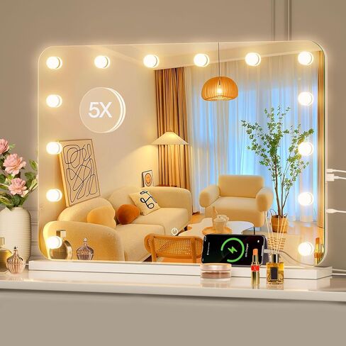 ouboyo Hollywood Vanity Mirror, 28" x 20" Lighted Tabletop or Wall Mount Make Up Mirrors,14 Replaceable LED Bulbs, 3 Dimmable Light Modes Vanity Mirror, Smart Touch Control, USB Type-C Charging Port in Kuwait