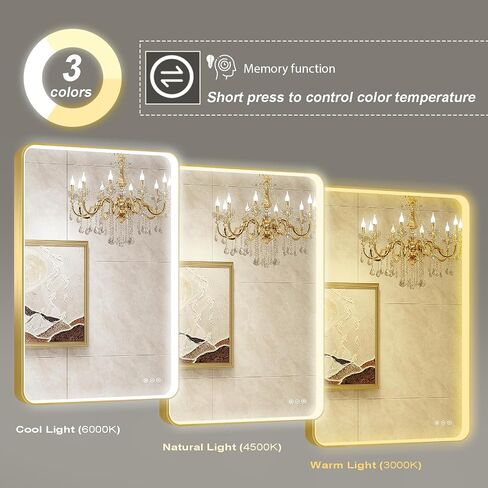 LED Mirror for Bathroom 24X36 Inch Gold Framed with Anti-Fog, Stepless Dimmable, Front Lit, LED Bathroom Vanity Mirror for Wall, Memory Function, Shatter-Proof in Saudi Arabia