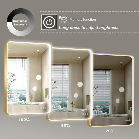 LED Mirror for Bathroom 24X36 Inch Gold Framed with Anti-Fog, Stepless Dimmable, Front Lit, LED Bathroom Vanity Mirror for Wall, Memory Function, Shatter-Proof in Saudi Arabia