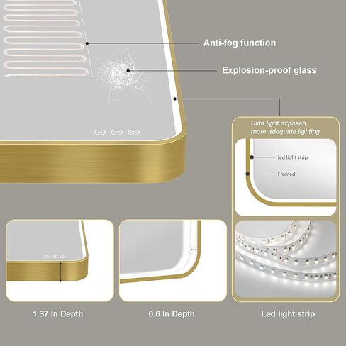 LED Mirror for Bathroom 24X36 Inch Gold Framed with Anti-Fog, Stepless Dimmable, Front Lit, LED Bathroom Vanity Mirror for Wall, Memory Function, Shatter-Proof in Saudi Arabia