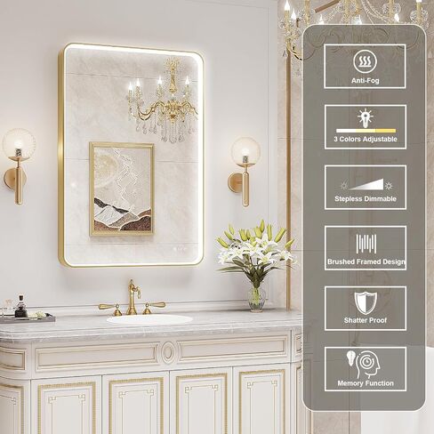 LED Mirror for Bathroom 24X36 Inch Gold Framed with Anti-Fog, Stepless Dimmable, Front Lit, LED Bathroom Vanity Mirror for Wall, Memory Function, Shatter-Proof in Saudi Arabia