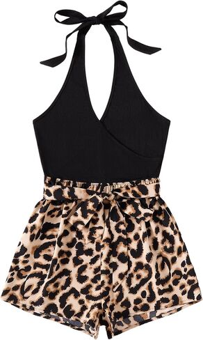 SOLY HUX Women's Leopard Halter Romper V Neck Wrap Tie Front Summer Short Jumpsuit in Saudi Arabia