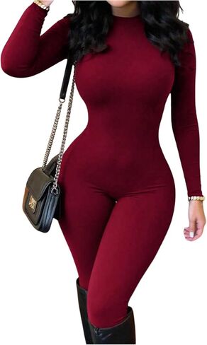 WDIRARA Women's Long Sleeve Jumpsuits Round Neck Sexy Date Night Unitard Pants Romper in Kuwait