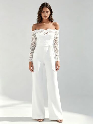 Women's Off The Shoulder Lace Jumpsuit, Long Sleeve Wide Leg Formal Bridal Jumpsuit with Tie Waist for Wedding in Kuwait