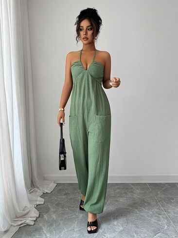 Women's Halter Neck Jumpsuit, Casual Sleeveless Twist Front Wide Leg Pants Romper with Pockets for Summer in Kuwait