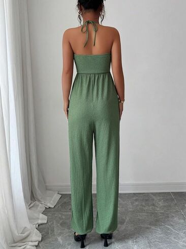 Women's Halter Neck Jumpsuit, Casual Sleeveless Twist Front Wide Leg Pants Romper with Pockets for Summer in Kuwait