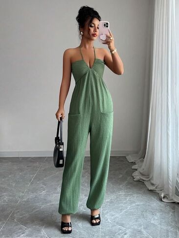 Women's Halter Neck Jumpsuit, Casual Sleeveless Twist Front Wide Leg Pants Romper with Pockets for Summer in Kuwait