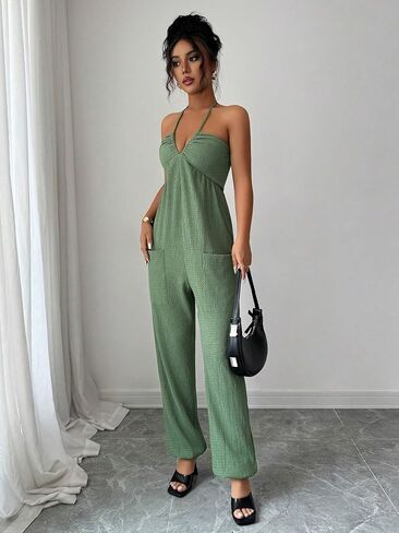 Women's Halter Neck Jumpsuit, Casual Sleeveless Twist Front Wide Leg Pants Romper with Pockets for Summer in Kuwait