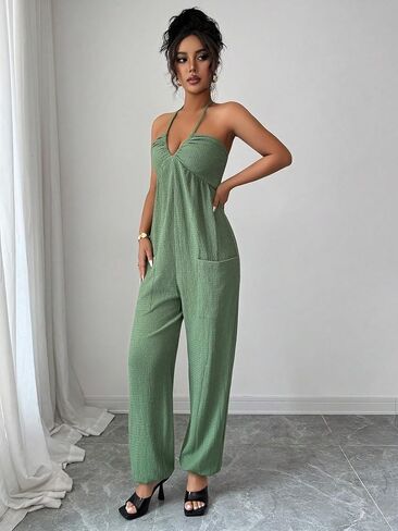 Women's Halter Neck Jumpsuit, Casual Sleeveless Twist Front Wide Leg Pants Romper with Pockets for Summer in Kuwait