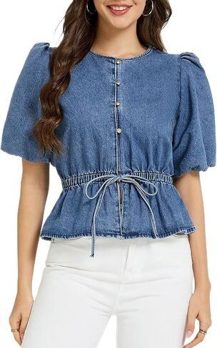 Ladyful Womens Puff Short Sleeve Denim Shirt Button Front Drawstring Waist Denim Blouse Babydoll Peplum Summer Jean Top in Kuwait