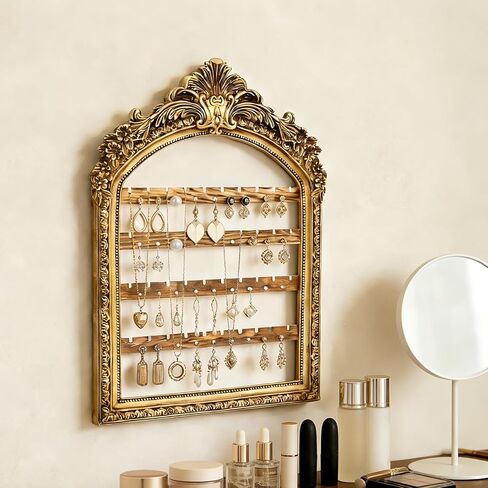 Wall Hanging Earring holder Organizers Vintage Arched Frame 13 x 9.3 Inch 4 Layer Vintage Gold Arched Frame Decorative Earring Organizer Display for Earring Bracelet Necklace Ring Birthday Wedding in Saudi Arabia