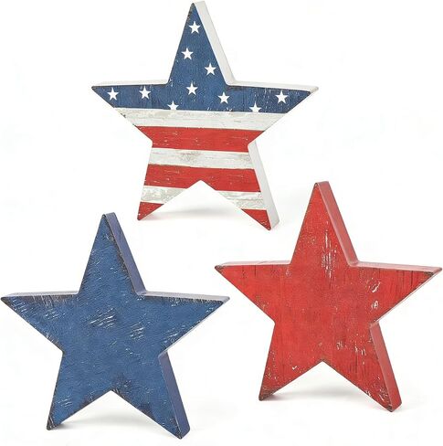 3 Pcs 4th of July Decor Wooden Star Signs, Rustic Patriotic Decor for Memorial Day, Retro Americana Decoration Wooden Stars Blocks for Tiered Tray, Home Kitchen Table Decoration in Kuwait