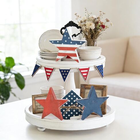 3 Pcs 4th of July Decor Wooden Star Signs, Rustic Patriotic Decor for Memorial Day, Retro Americana Decoration Wooden Stars Blocks for Tiered Tray, Home Kitchen Table Decoration in Kuwait