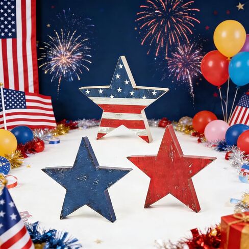 3 Pcs 4th of July Decor Wooden Star Signs, Rustic Patriotic Decor for Memorial Day, Retro Americana Decoration Wooden Stars Blocks for Tiered Tray, Home Kitchen Table Decoration in Kuwait