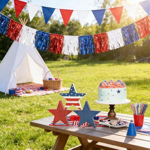 3 Pcs 4th of July Decor Wooden Star Signs, Rustic Patriotic Decor for Memorial Day, Retro Americana Decoration Wooden Stars Blocks for Tiered Tray, Home Kitchen Table Decoration in Kuwait