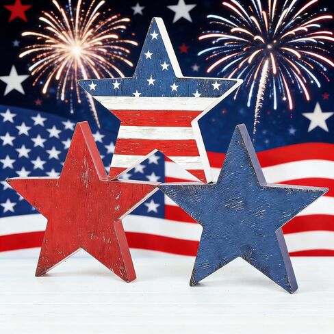 3 Pcs 4th of July Decor Wooden Star Signs, Rustic Patriotic Decor for Memorial Day, Retro Americana Decoration Wooden Stars Blocks for Tiered Tray, Home Kitchen Table Decoration in Kuwait