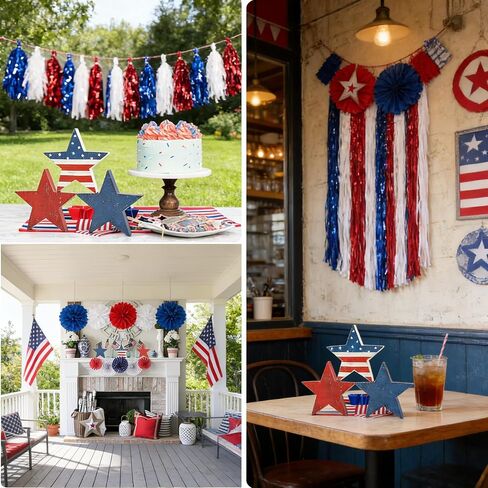 3 Pcs 4th of July Decor Wooden Star Signs, Rustic Patriotic Decor for Memorial Day, Retro Americana Decoration Wooden Stars Blocks for Tiered Tray, Home Kitchen Table Decoration in Kuwait