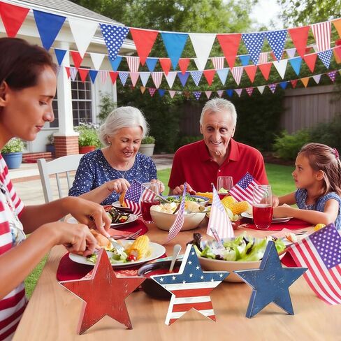 3 Pcs 4th of July Decor Wooden Star Signs, Rustic Patriotic Decor for Memorial Day, Retro Americana Decoration Wooden Stars Blocks for Tiered Tray, Home Kitchen Table Decoration in Kuwait