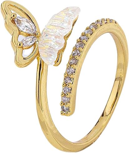 Gold Plated 925 Sterling Silver Double Band Butterfly Open Ring for Women - Iridescent MOP & Cubic Zirconia Adjustable Jewelry in Saudi Arabia