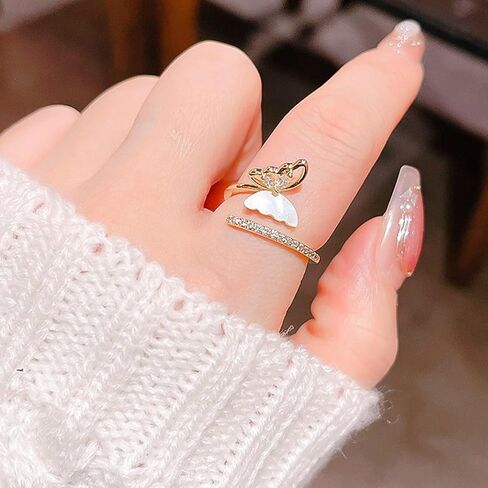 Gold Plated 925 Sterling Silver Double Band Butterfly Open Ring for Women - Iridescent MOP & Cubic Zirconia Adjustable Jewelry in Saudi Arabia