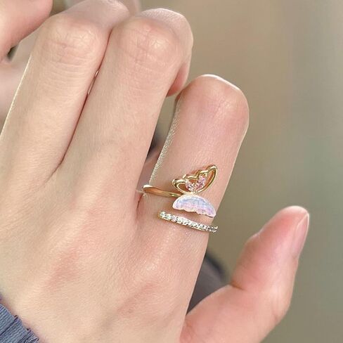 Gold Plated 925 Sterling Silver Double Band Butterfly Open Ring for Women - Iridescent MOP & Cubic Zirconia Adjustable Jewelry in Saudi Arabia