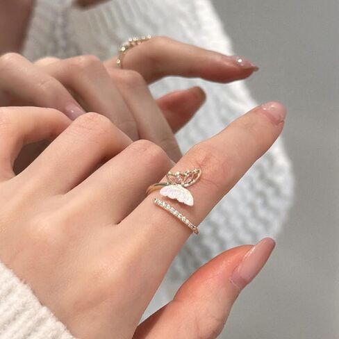 Gold Plated 925 Sterling Silver Double Band Butterfly Open Ring for Women - Iridescent MOP & Cubic Zirconia Adjustable Jewelry in Saudi Arabia