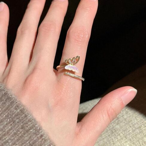 Gold Plated 925 Sterling Silver Double Band Butterfly Open Ring for Women - Iridescent MOP & Cubic Zirconia Adjustable Jewelry in Saudi Arabia