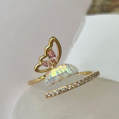 Gold Plated 925 Sterling Silver Double Band Butterfly Open Ring for Women - Iridescent MOP & Cubic Zirconia Adjustable Jewelry in Saudi Arabia