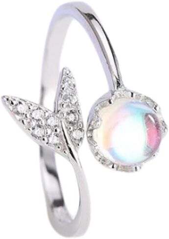 S925 Sterling Silver Mermaid Tail Moonstone Ring for Women, Adjustable Open Band Zirconia Pave Romantic Jewelry in Saudi Arabia