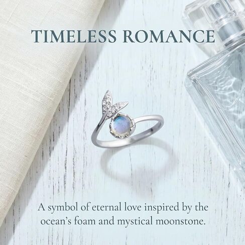 S925 Sterling Silver Mermaid Tail Moonstone Ring for Women, Adjustable Open Band Zirconia Pave Romantic Jewelry in Saudi Arabia