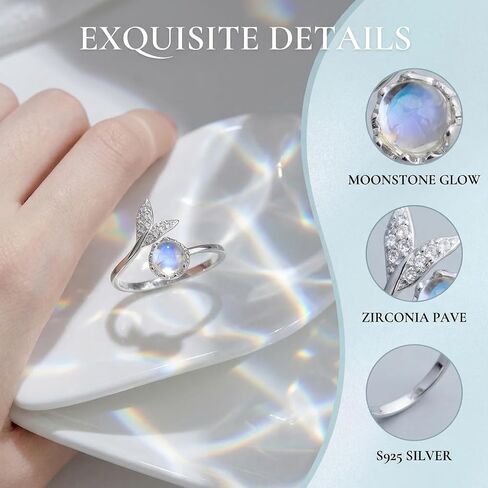 S925 Sterling Silver Mermaid Tail Moonstone Ring for Women, Adjustable Open Band Zirconia Pave Romantic Jewelry in Saudi Arabia