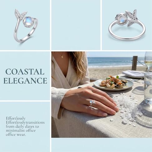 S925 Sterling Silver Mermaid Tail Moonstone Ring for Women, Adjustable Open Band Zirconia Pave Romantic Jewelry in Saudi Arabia