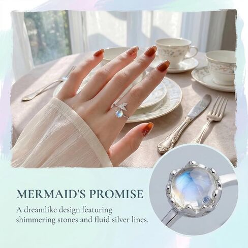 S925 Sterling Silver Mermaid Tail Moonstone Ring for Women, Adjustable Open Band Zirconia Pave Romantic Jewelry in Saudi Arabia