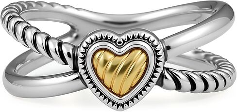 Mytys Two-Tone Twisted Cable Heart Ring - Gold Silver Mixed Metal Crossover Band with Carved Heart Center Statement Ring in Kuwait