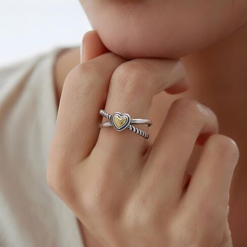 Mytys Two-Tone Twisted Cable Heart Ring - Gold Silver Mixed Metal Crossover Band with Carved Heart Center Statement Ring in Kuwait
