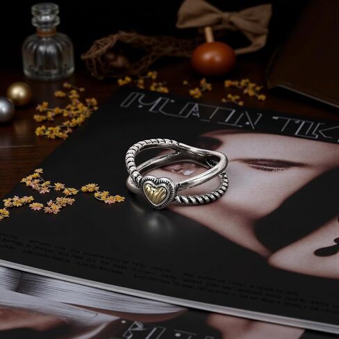 Mytys Two-Tone Twisted Cable Heart Ring - Gold Silver Mixed Metal Crossover Band with Carved Heart Center Statement Ring in Kuwait