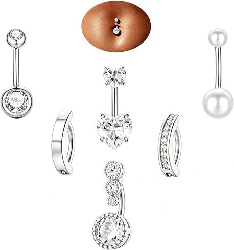 Turandoss 6 Pcs Belly Button Ring for Women, Hypoallergenic Surgical Stainless Steel Belly Rings for Women Round Heart CZ Pearl Dangle Curved Navel Ring Navel Piercing Jewelry in Kuwait