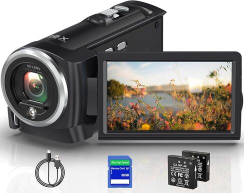Video Camera Camcorder 2.7K FHD 50MP YouTube Vlogging Camera 16X Digital Zoom Webcam 270 Degree Rotation Screen Camcorders with 32G SD Card,and 2 Batteries Recording While Charging in Saudi Arabia