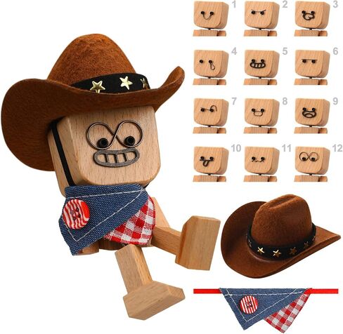 Novabright Shaking Wooden Man Figurine with Cowboy Hat & Scarf Shaking Feet Wooden Doll with 12 Pcs Magnetic Expressions Handmade Western Cowboy Decor Gifts for Car Dashboard Home Office Desk Trinket in Saudi Arabia