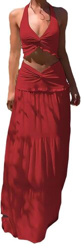 Wuitrie Maxi Skirt Set Women 2 Piece Outfits Sleeveless Strap Top Maxi Skirt Solid Going Out Vacation Two Piece Skirt Set in Saudi Arabia