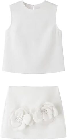THLAI Summer Women 2 Piece Skirt Sets Sleeveless Crop Tank Top and Mini Skirt Matching with 3D Flower Sexy Short Sets in Saudi Arabia