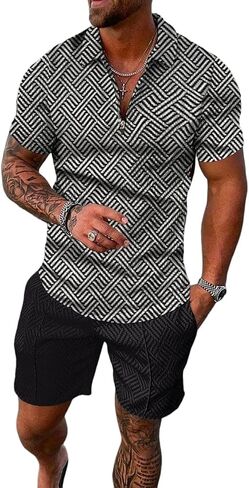 Mens Short Sets 2 Piece Outfits Polo Shirt Fashion Summer Tracksuits Beach Outfit Short Sleeve and Shorts Set for Men in Kuwait