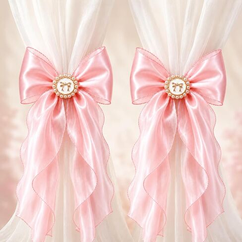 2 Pack Pink Bow Curtain Tiebacks - Decorative Satin Curtain Holdbacks for Girls Room Decor, Cute Curtains Accessories for Nursery Decor, Princess Bedroom & Pink Aesthetic Room in Kuwait