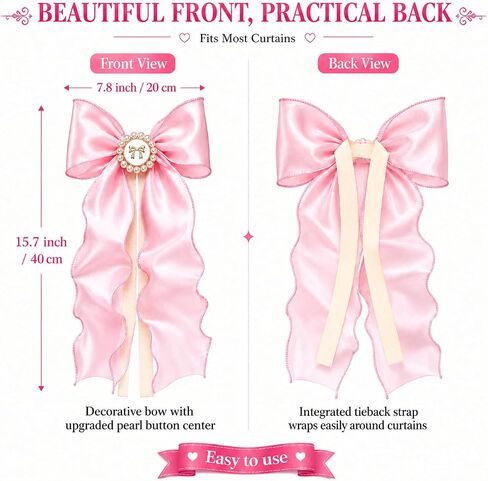 2 Pack Pink Bow Curtain Tiebacks - Decorative Satin Curtain Holdbacks for Girls Room Decor, Cute Curtains Accessories for Nursery Decor, Princess Bedroom & Pink Aesthetic Room in Kuwait