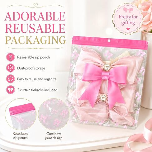 2 Pack Pink Bow Curtain Tiebacks - Decorative Satin Curtain Holdbacks for Girls Room Decor, Cute Curtains Accessories for Nursery Decor, Princess Bedroom & Pink Aesthetic Room in Kuwait