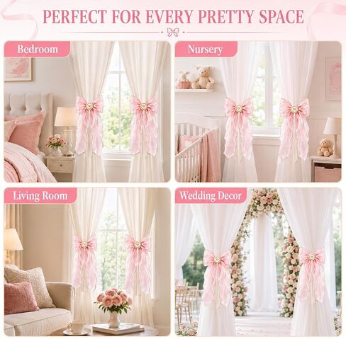 2 Pack Pink Bow Curtain Tiebacks - Decorative Satin Curtain Holdbacks for Girls Room Decor, Cute Curtains Accessories for Nursery Decor, Princess Bedroom & Pink Aesthetic Room in Kuwait