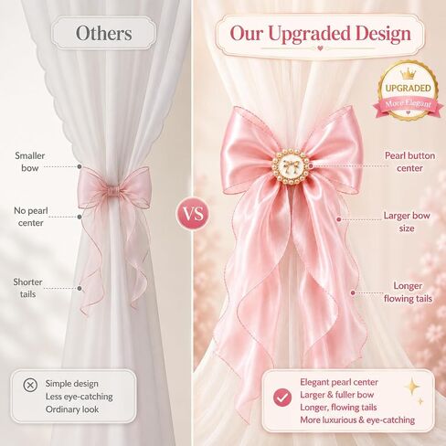 2 Pack Pink Bow Curtain Tiebacks - Decorative Satin Curtain Holdbacks for Girls Room Decor, Cute Curtains Accessories for Nursery Decor, Princess Bedroom & Pink Aesthetic Room in Kuwait