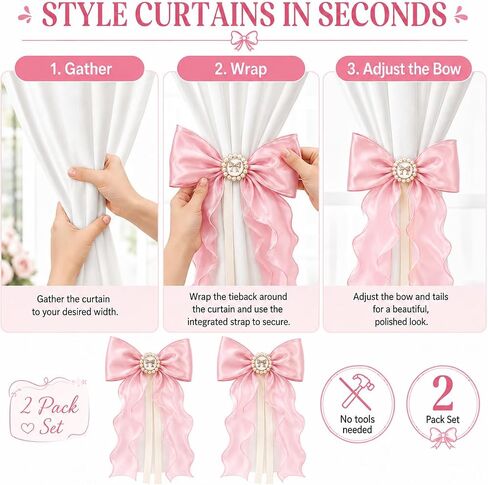 2 Pack Pink Bow Curtain Tiebacks - Decorative Satin Curtain Holdbacks for Girls Room Decor, Cute Curtains Accessories for Nursery Decor, Princess Bedroom & Pink Aesthetic Room in Kuwait