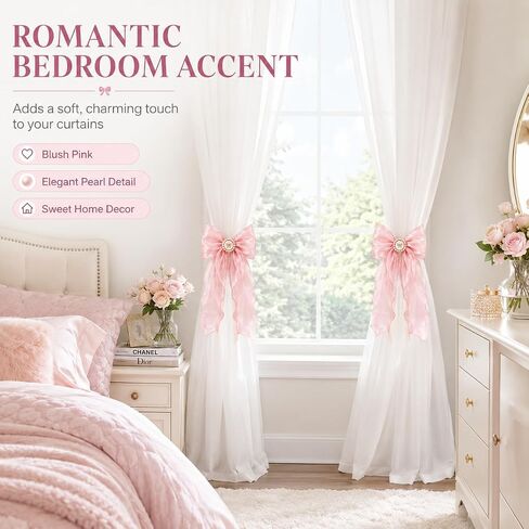 2 Pack Pink Bow Curtain Tiebacks - Decorative Satin Curtain Holdbacks for Girls Room Decor, Cute Curtains Accessories for Nursery Decor, Princess Bedroom & Pink Aesthetic Room in Kuwait